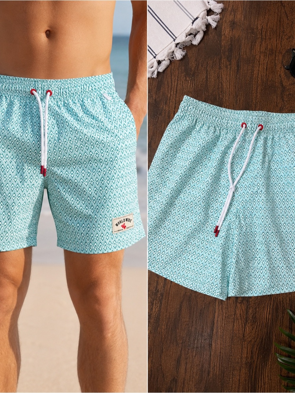 Men's Light Aqua Geo-Print Swim Trunks with Contrast Drawcord